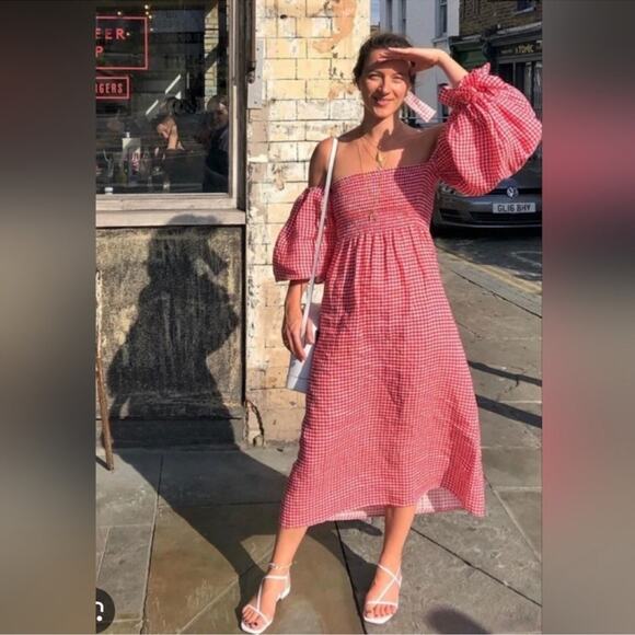 Sleeper Atlanta Linen Gingham Midi Dress Off Shoulder Red - Picture 1 of 10